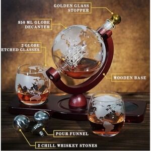 Whiskey Etched World Globe Decanter Set Antique Ship 2 Glasses Wood Base NIB